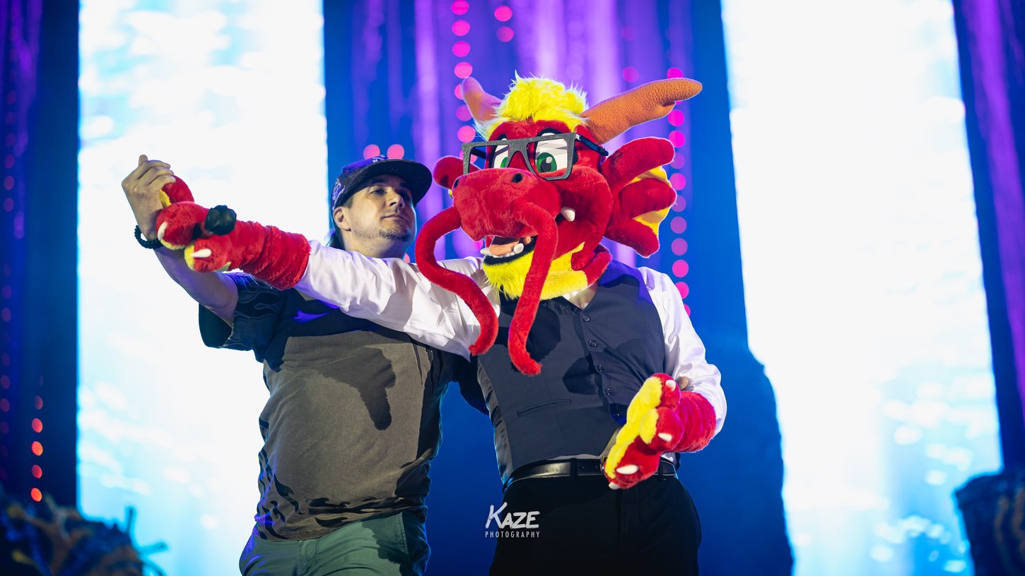 A photograph of a fursuiter dancing.